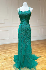 Prom Dresses Graduacion, Green Lace Mermaid Backless Spaghetti Straps Prom Dresses, Evening Gown,maxi dresses