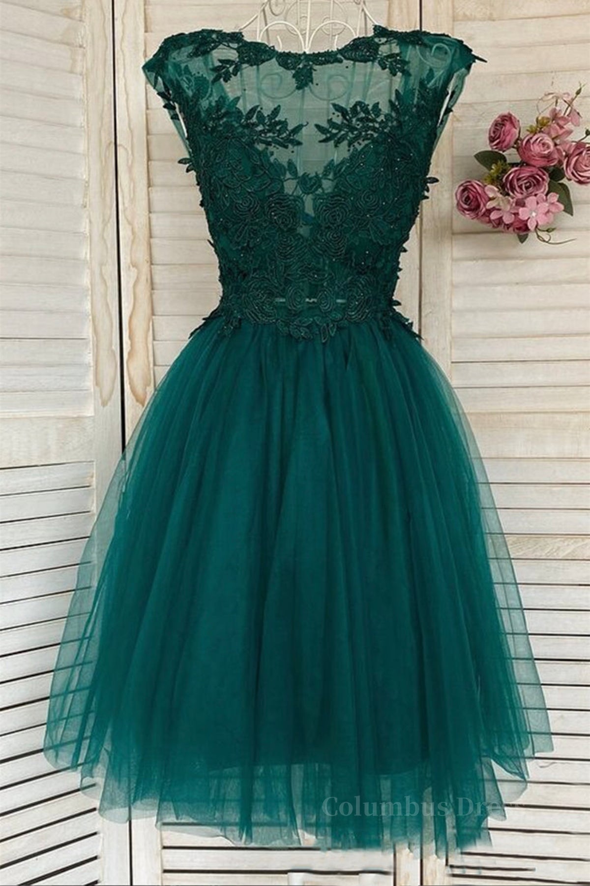 Formal Dresses Size 17, Green Lace Tulle Short Prom Homecoming Dresses, Green Lace Formal Graduation Evening Dresses