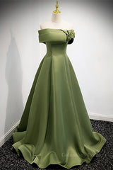Formal Dresses For Wedding Guest, Green Off-the-Shoulder Rose-Shaped Pleated Long Formal Dress
