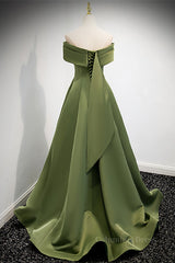 Formal Dress For Wedding Guests, Green Off-the-Shoulder Rose-Shaped Pleated Long Formal Dress