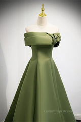 Formal Dress For Wedding Guest, Green Off-the-Shoulder Rose-Shaped Pleated Long Formal Dress