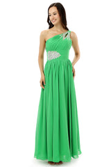 Party Dress Design, Green One Shoulder Chiffon With Crystal Pleats Bridesmaid Dresses