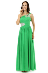 Party Dress Designs, Green One Shoulder Chiffon With Crystal Pleats Bridesmaid Dresses