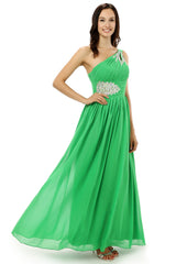 Party Dress Teens, Green One Shoulder Chiffon With Crystal Pleats Bridesmaid Dresses