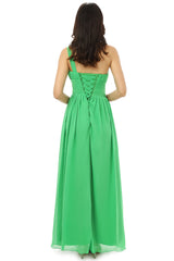 Party Dress Maxi, Green One Shoulder Chiffon With Crystal Pleats Bridesmaid Dresses