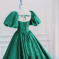 Unique Prom Dress, Green Puffy Sleeves Taffeta Long Formal Dress, Scoop Green Prom Dress Party Dress