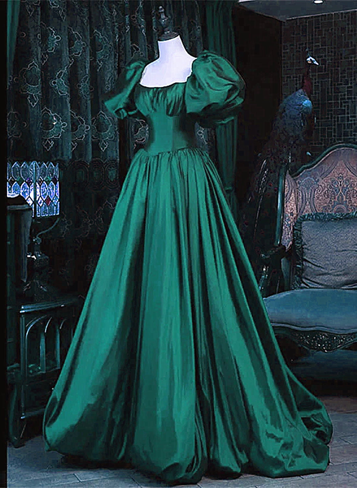 Semi Formal Dress, Green Puffy Sleeves Taffeta Long Formal Dress, Scoop Green Prom Dress Party Dress