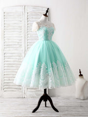 Bridesmaid Dress White, Green Round Neck Lace Applique Tulle Short Prom Dresses