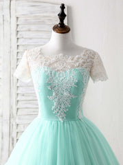 Bridesmaids Dresses Orange, Green Round Neck Lace Applique Tulle Short Prom Dresses