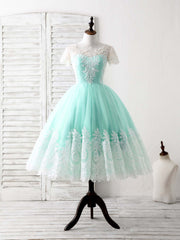 Bridesmaid Dresses Mismatched Summer, Green Round Neck Lace Applique Tulle Short Prom Dresses