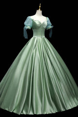 Formal Dresses Online, Green Satin Long A-Line Ball Gown, Short Sleeve Green Formal Evening Dress