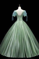 Formal Dress Ideas, Green Satin Long A-Line Ball Gown, Short Sleeve Green Formal Evening Dress