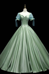 Formal Dress Store, Green Satin Long A-Line Ball Gown, Short Sleeve Green Formal Evening Dress