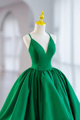 Party Dress Europe, Green Satin Short A-Line Prom Dress, Green V-Neck Party Dress