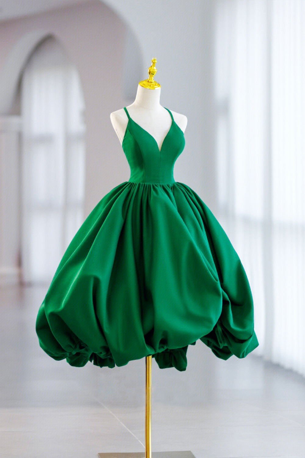 Party Dresses For Ladies, Green Satin Short A-Line Prom Dress, Green V-Neck Party Dress