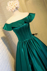 Formal Dresses With Sleeves, Green Satin Short Homecoming Dress, Cute Off the Shoulder Knee Length Prom Dress