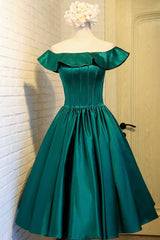 Formal Dress Summer, Green Satin Short Homecoming Dress, Cute Off the Shoulder Knee Length Prom Dress