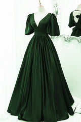 Bridesmaid Dress Blue, Green Satin Short Sleeves Long Party Dress, Green Floor Length Evening Dress Prom Dress