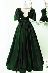 Bridesmaid Dresses Blues, Green Satin Short Sleeves Long Party Dress, Green Floor Length Evening Dress Prom Dress