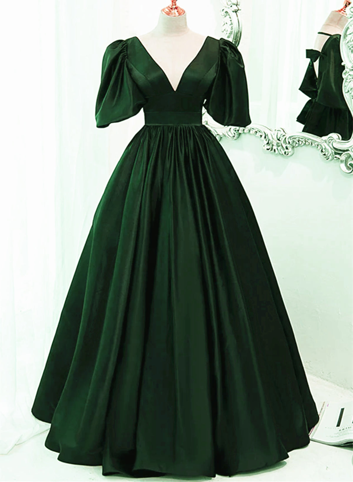 Bridesmaides Dresses Blue, Green Satin Short Sleeves Long Party Dress, Green Floor Length Evening Dress Prom Dress