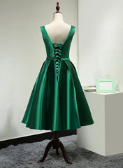 Party Dresses Night, Green Satin Tea Length Bridesmaid Dress, Lovely Green Homecoming Dress