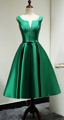 Party Dress For Night, Green Satin Tea Length Bridesmaid Dress, Lovely Green Homecoming Dress