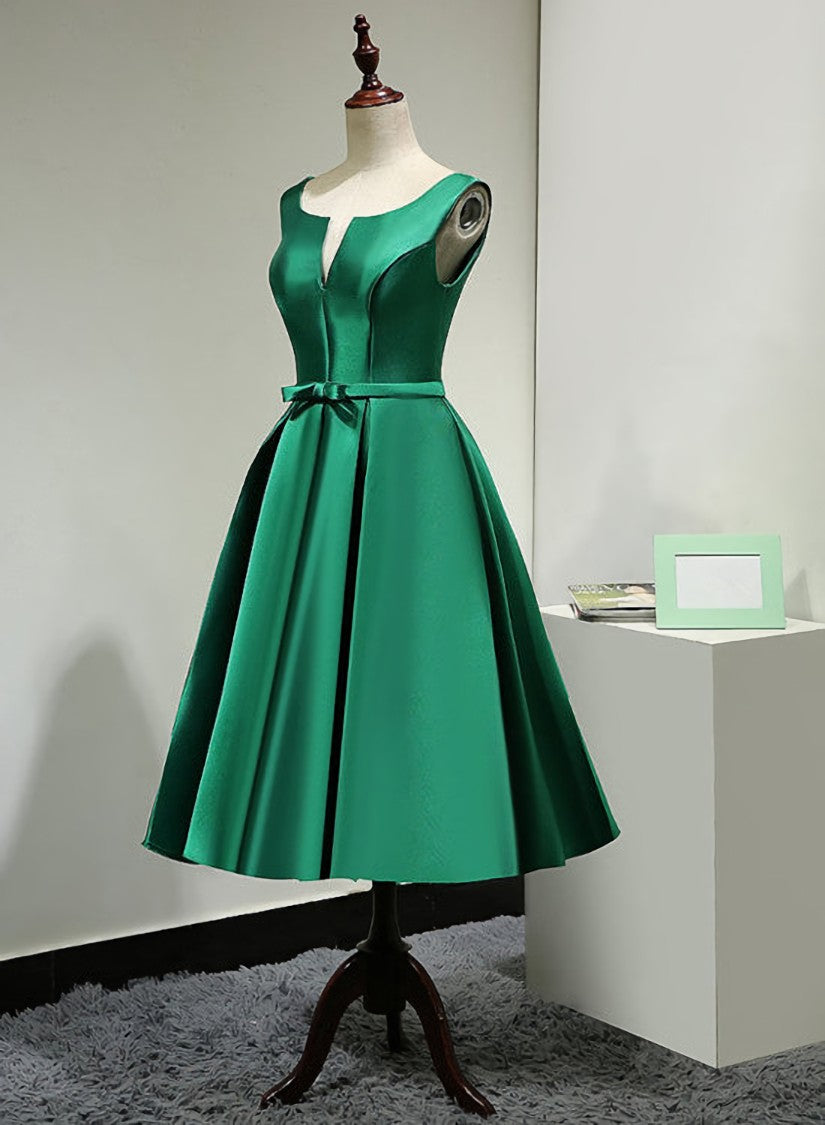 Party Dress Classy Elegant, Green Satin Tea Length Bridesmaid Dress, Lovely Green Homecoming Dress