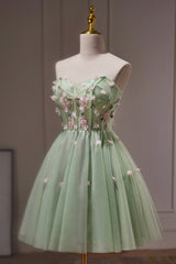 Bridesmaids Dresses Color Palettes, Green Strapless Tulle Short Prom Dress with Lace, Green Party Dress