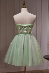 Bridesmaid Dress Color Palettes, Green Strapless Tulle Short Prom Dress with Lace, Green Party Dress