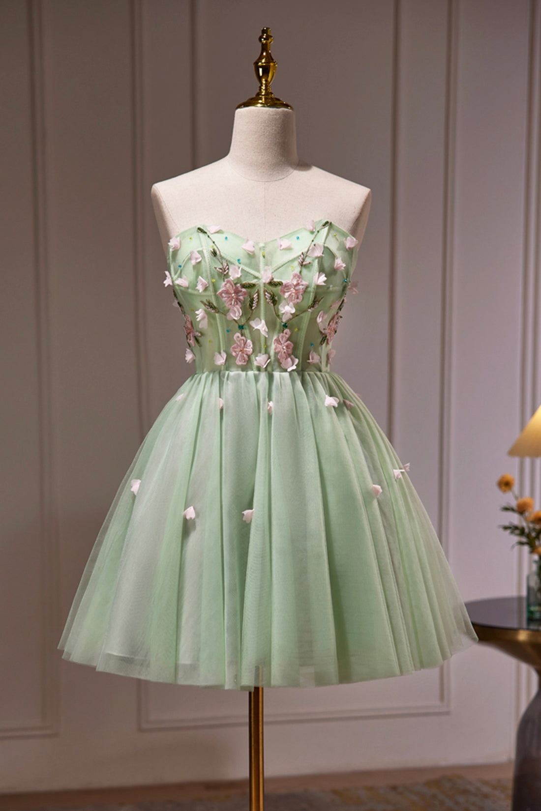 Bridesmaid Dresses Blush, Green Strapless Tulle Short Prom Dress with Lace, Green Party Dress