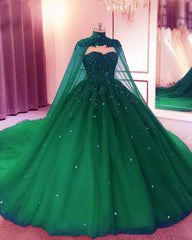 Party Dress Meaning, Green Sweetheart Ball Gown Prom Dress With Cape