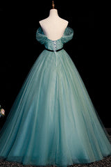 Formal Dress Shopping, Green Tulle A-Line Off Shoulder Party Dress, Simple Long Prom Dress