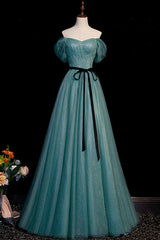 Formal Dress For Sale, Green Tulle A-Line Off Shoulder Party Dress, Simple Long Prom Dress