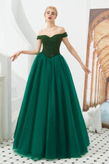 Prom Dresses Shop, Tulle A line Off Shoulder Sweetheart Beaded Bodice Long Prom Dresses