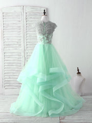 Bridesmaid Dress Style, Green Tulle Lace Applique Long Prom Dress Blue Tulle Sweet 16 Dress