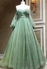 Best Prom Dress, Green Tulle Puffy Sleeves A-line Formal Dresses, Green Long Evening Gown