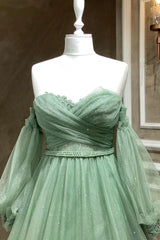 Dress To Wear To A Wedding, Green Tulle Puffy Sleeves A-line Formal Dresses, Green Long Evening Gown