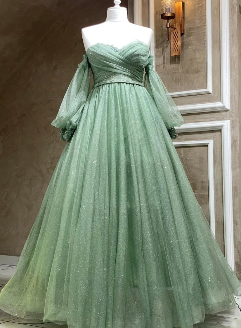 Satin Prom Dress, Green Tulle Puffy Sleeves A-line Formal Dresses, Green Long Evening Gown