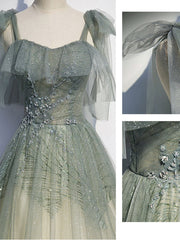 Prom Dresses Designer, Green tulle sequin beads long prom dress, green tulle formal dress