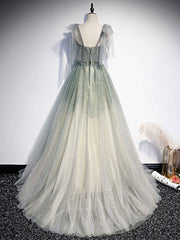 Prom Dress Design, Green tulle sequin beads long prom dress, green tulle formal dress