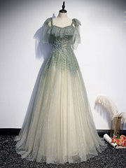 Prom Dress Designer, Green tulle sequin beads long prom dress, green tulle formal dress