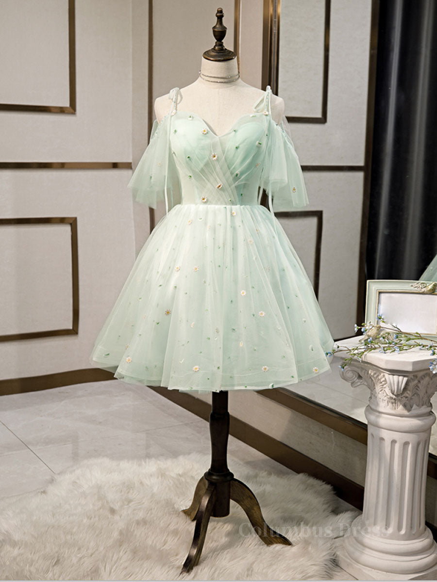 Prom Dresses With Sleeve, Green tulle short prom dress, green tulle homecoming dress