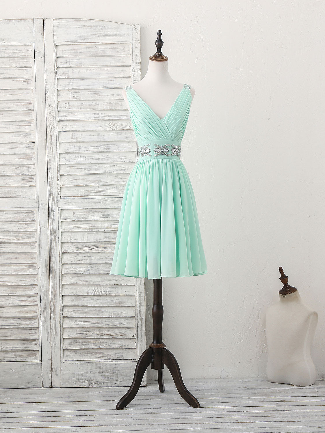 Prom Dress Champagne, Green V Neck Chiffon Short Prom Dress, Green Homecoming Dress