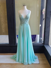 Homecoming Dress Black, Green v neck lace chiffon long prom dress, lace evening dress