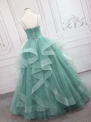 Prom Dress Corset Ball Gown, Green V Neck Tulle Long Prom Dress, Green Sweet 16 Dress