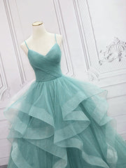 Prom Dress Fairy, Green V Neck Tulle Long Prom Dress, Green Sweet 16 Dress