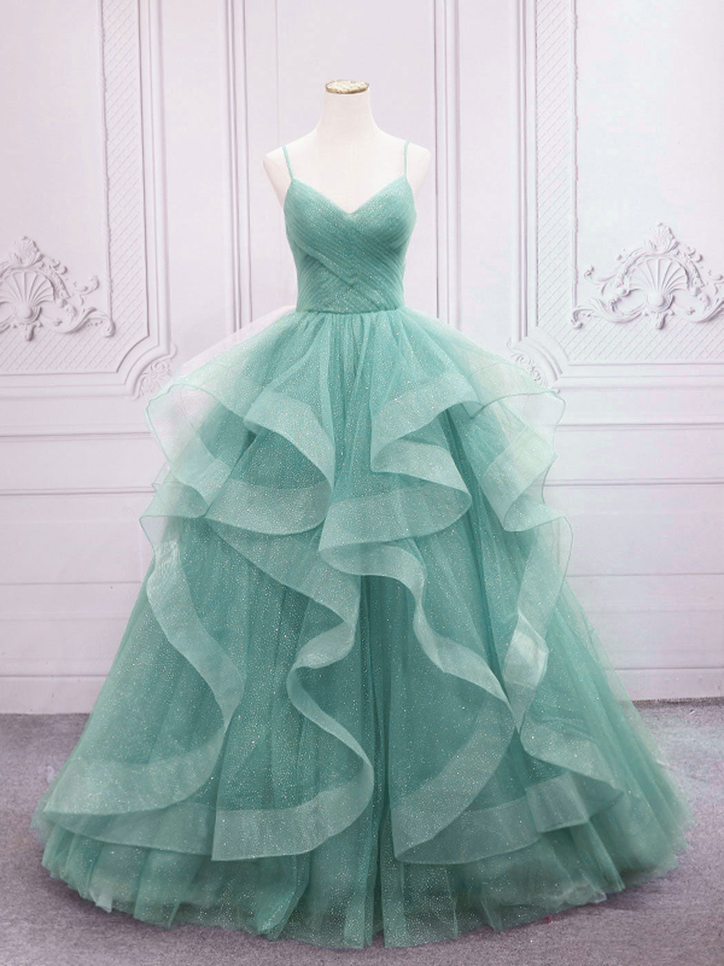 Prom Dresses Blue Light, Green V Neck Tulle Long Prom Dress, Green Sweet 16 Dress