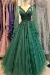 Bridesmaids Dress Blush, Green V-Neck Tulle Long Prom Dresses,A-Line Long Sleeve Evening Dress