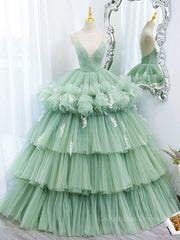 Prom Dresses Size 18, Green v neck tulle long prom gown, green tulle sweet 16 dress