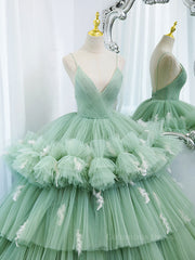Prom Dress Size 18, Green v neck tulle long prom gown, green tulle sweet 16 dress